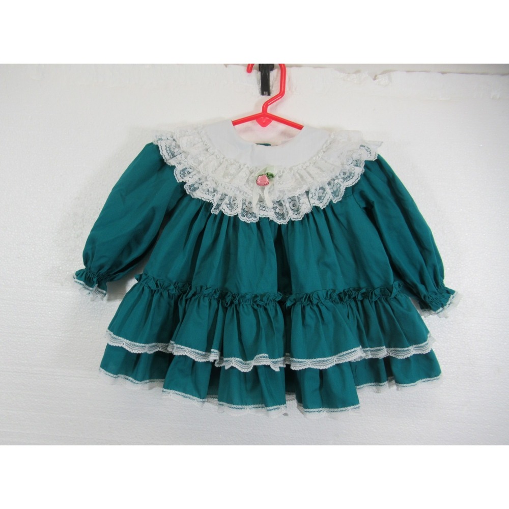 Vintage Bryan Frilly Ruffle Dress Baby Girl Green Long Sleeve